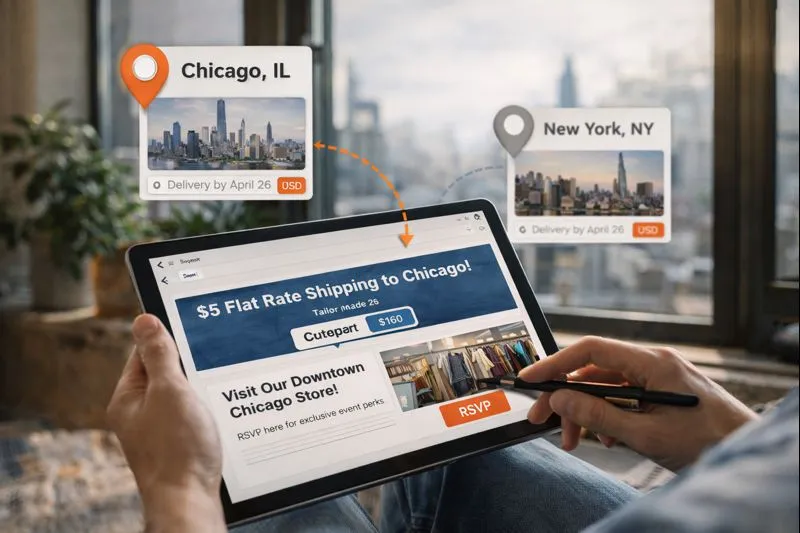 Marketer using location-based dynamic email content on a tablet to deliver targeted promotions by city
