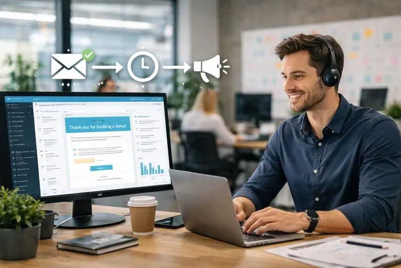 Email automation inside a CRM as a professional manages automated follow-ups and campaign emails from a central dashboard.