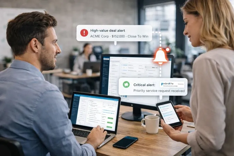 Internal CRM notifications and alerts as team members respond to deal updates and service requests in a shared workspace.