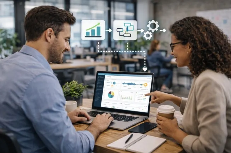 CRM reporting and workflow automation as team members review dashboards, analytics, and automated processes together.