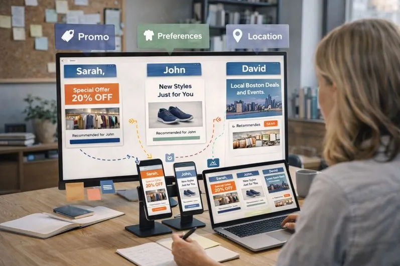 Email marketer managing and scaling dynamic content across multiple email campaigns using personalized content blocks