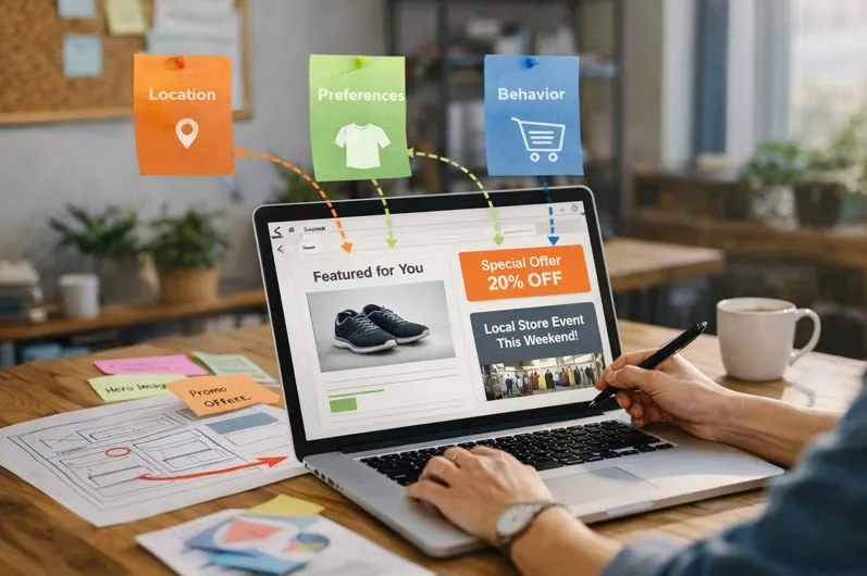 Email marketer structuring dynamic content blocks within an email layout on a laptop to create personalized email campaigns