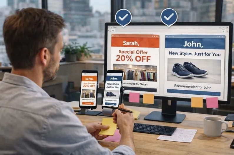 Email marketer testing dynamic content blocks across multiple devices to verify personalized email campaign accuracy