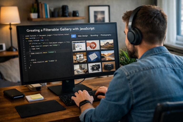 Developer creating a filterable gallery with JavaScript on a desktop computer in a modern office workspace | Parrot Branding