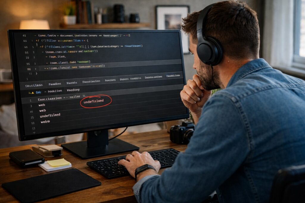 Web developer debugging JavaScript filter gallery error in browser console at desktop workstation | Parrot Branding