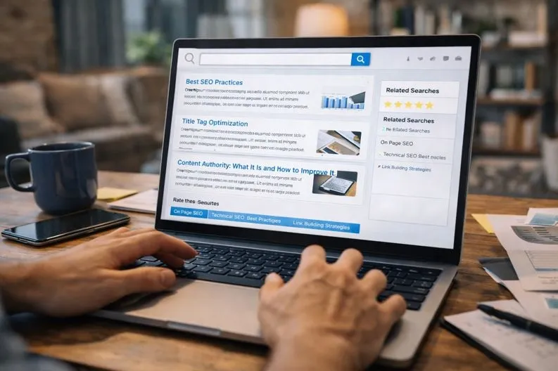 Website user interacting with internal search results and navigating content to improve engagement signals