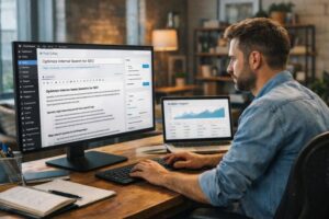 Man optimizing internal search for SEO on a WordPress website using analytics and on site search data