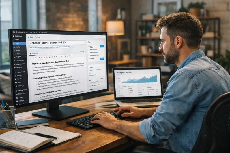 Man optimizing internal search for SEO on a WordPress website using analytics and on site search data