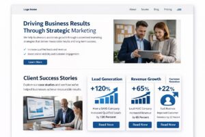 Parrot Branding website homepage featuring strategic marketing services and highlighted client success stories with measurable growth results