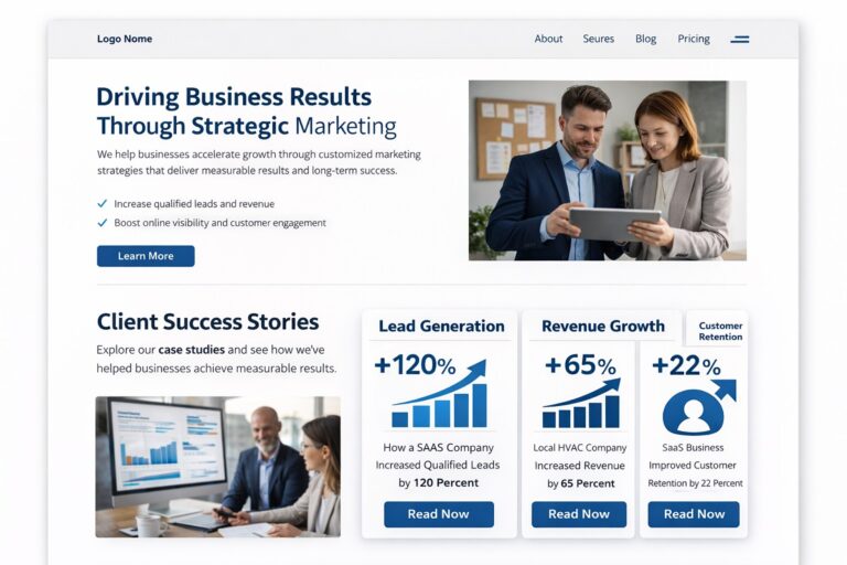 Parrot Branding website homepage featuring strategic marketing services and highlighted client success stories with measurable growth results