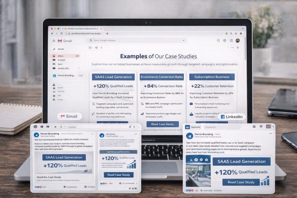Parrot Branding case studies promoted across website, email marketing, LinkedIn, and social media on laptop screen
