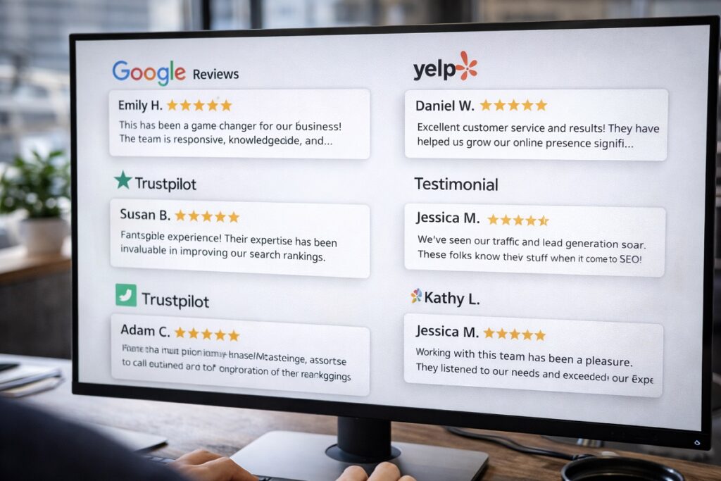 Customer reviews and testimonials displayed on computer screen including Google, Yelp, and Trustpilot ratings for SEO services