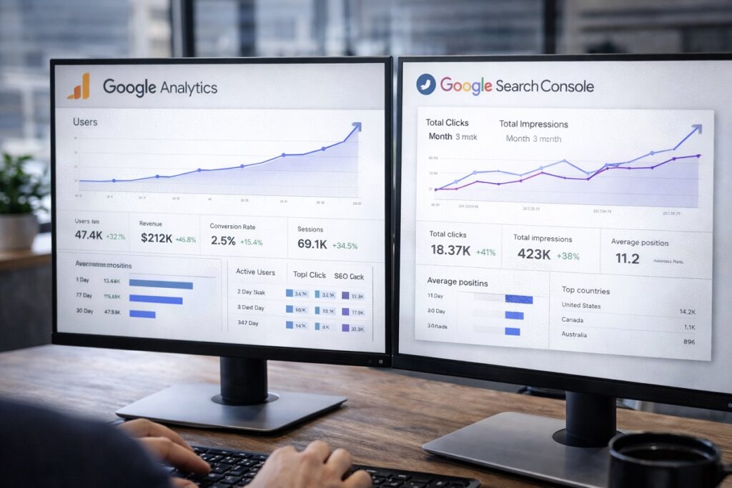 Google Analytics and Google Search Console dashboards showing organic traffic growth and search performance metrics on dual monitors