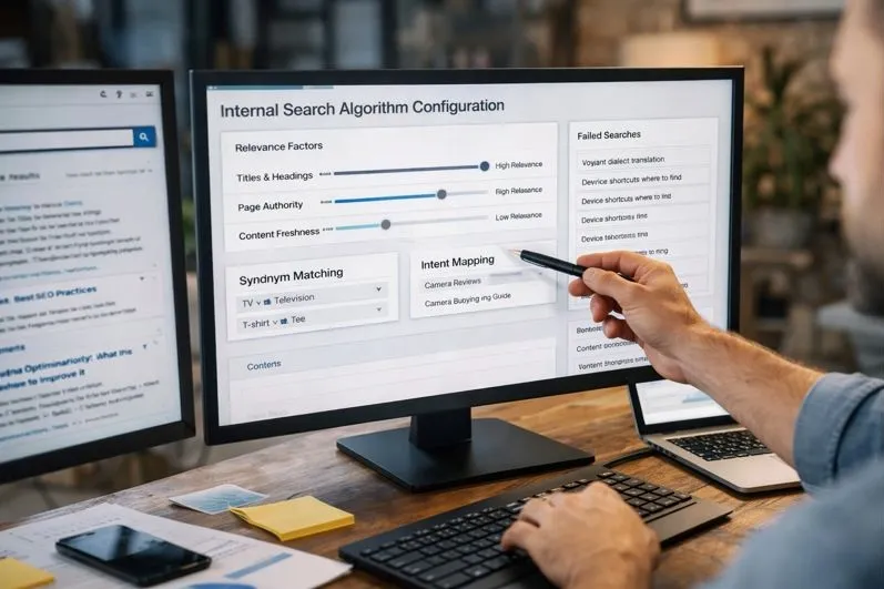 SEO specialist adjusting internal search algorithms and relevance settings using on site analytics tools