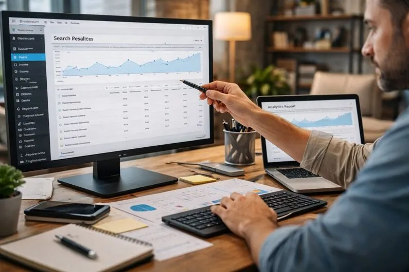 SEO specialist reviewing internal search result pages and indexing performance using analytics dashboards