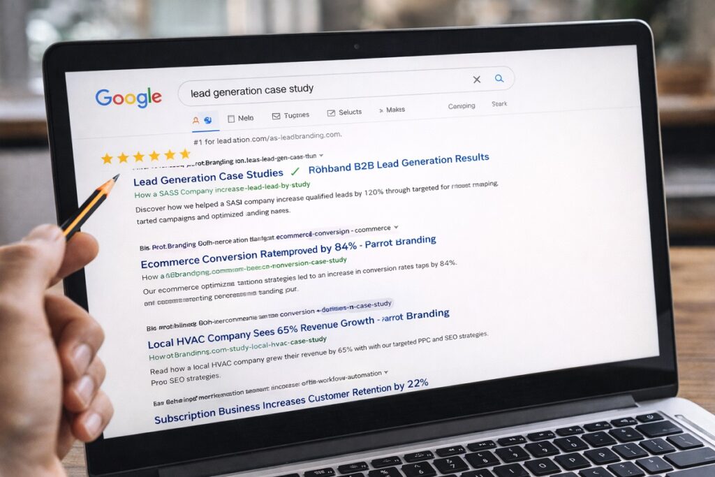 Laptop displaying Google search results for case studies with Parrot Branding rankings for lead generation and revenue growth