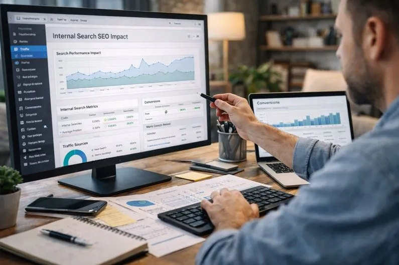 SEO professional tracking internal search performance metrics and conversion data on analytics dashboards