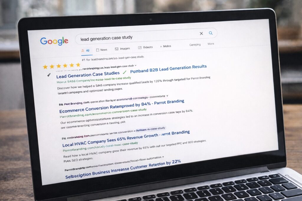 Parrot Branding case studies ranking on Google search results for lead generation and conversion optimization