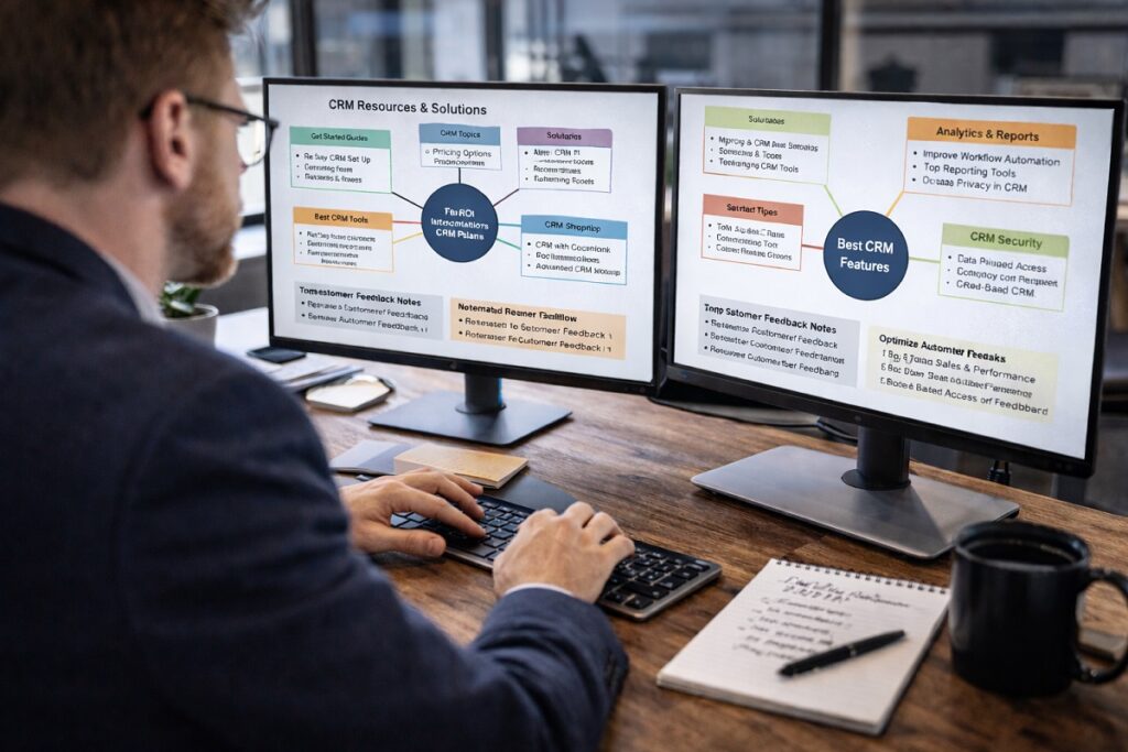 Parrot Branding consultant building SEO content clusters on dual monitors using customer feedback insights