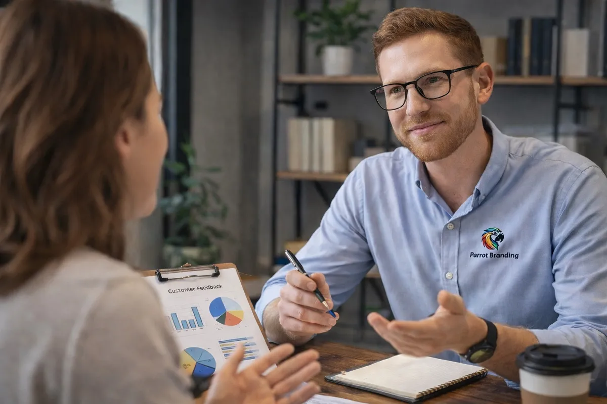 Parrot Branding SEO consultant listening to client during Voice of Customer strategy meeting with customer feedback report and analytics charts