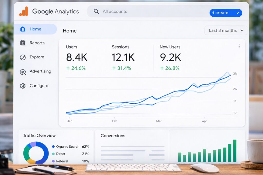 Google Analytics dashboard showing increasing website traffic and marketing growth for a dental implant practice
