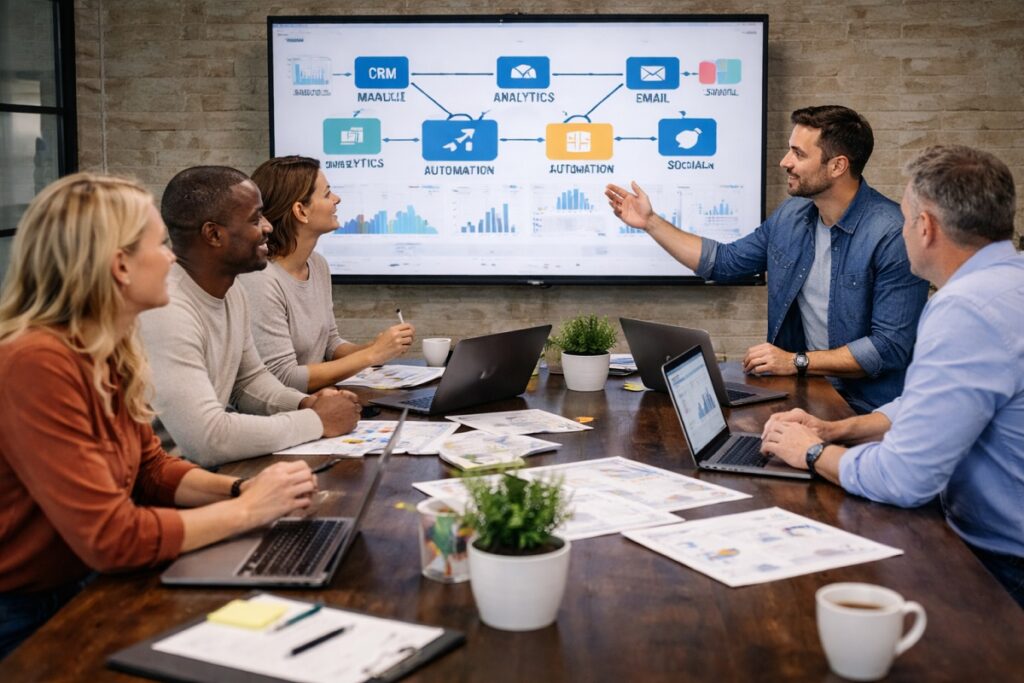 Marketing and operations teams collaborating to align around a consolidated martech stack strategy