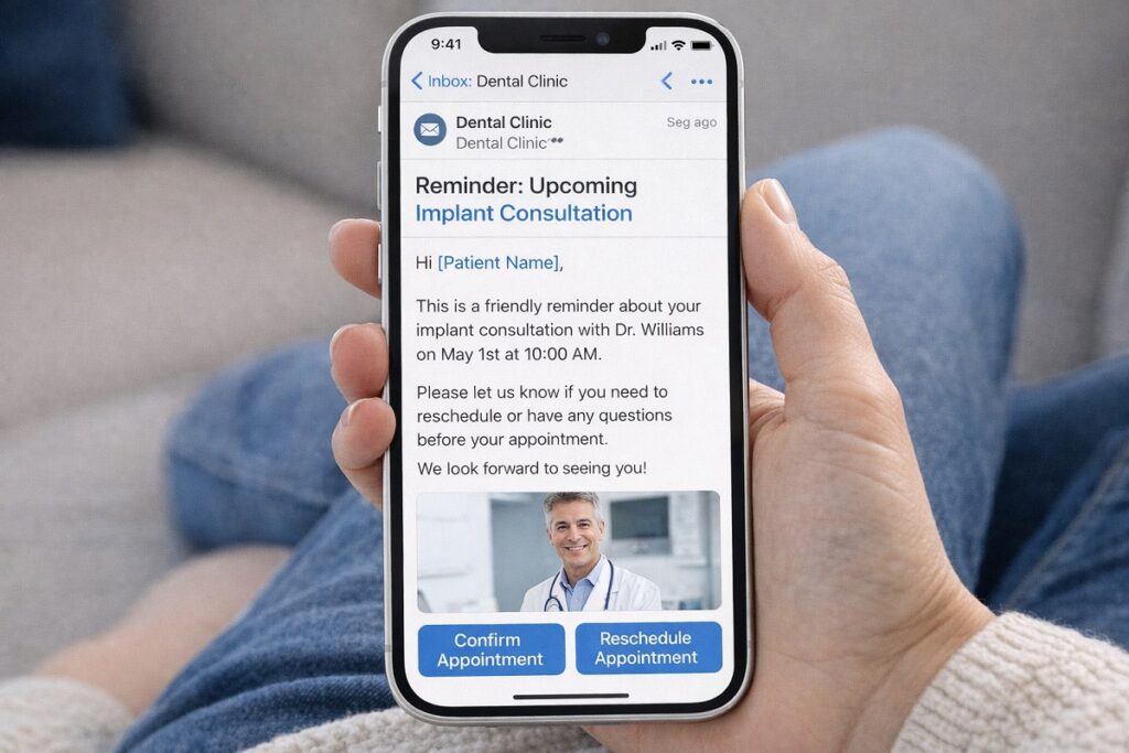 Patient viewing dental implant consultation reminder email on smartphone with confirm and reschedule options