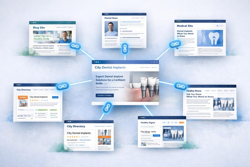 Dental implant website connected to multiple authoritative websites showing backlink strategy and SEO authority building