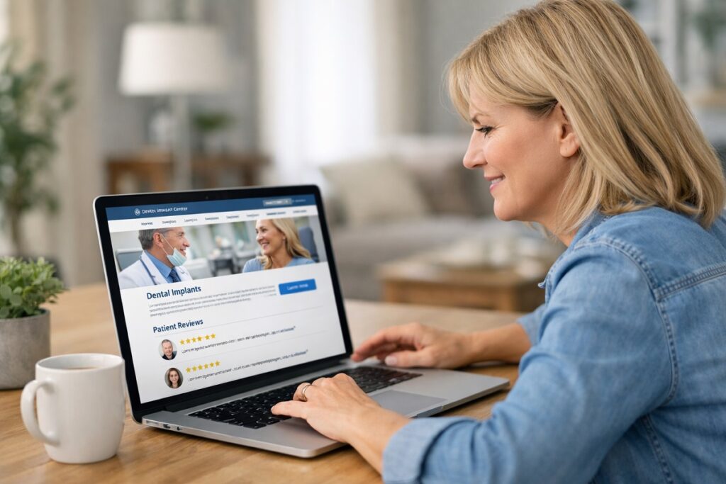 Middle-aged woman reading dental implant patient reviews on a modern clinic website on her laptop at home