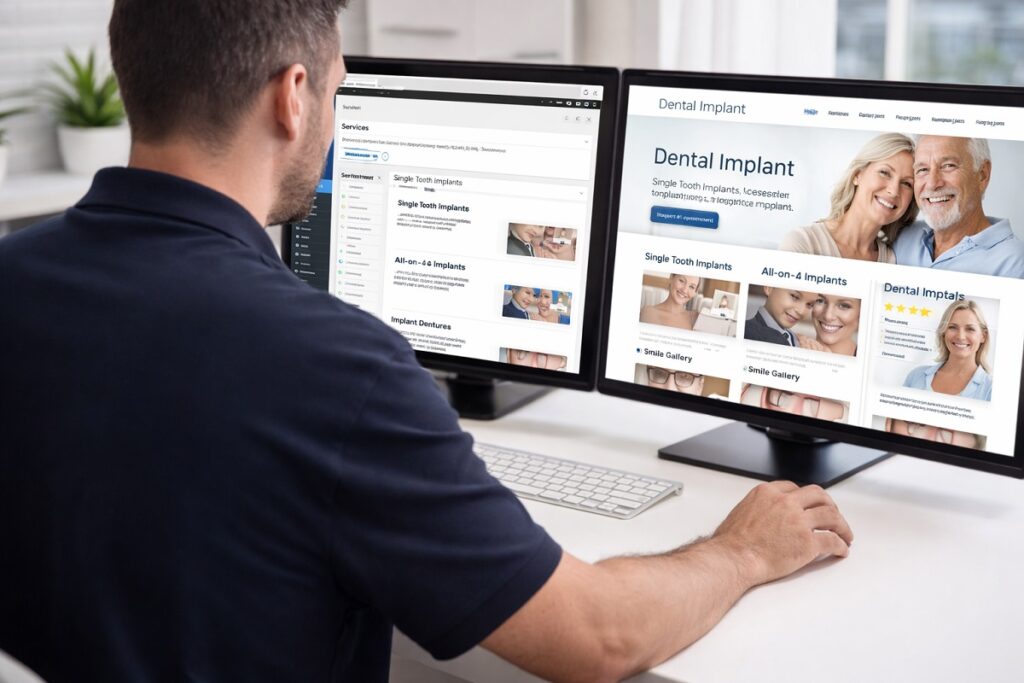 Dental implant website design in WordPress with developer building service pages and patient testimonial layout