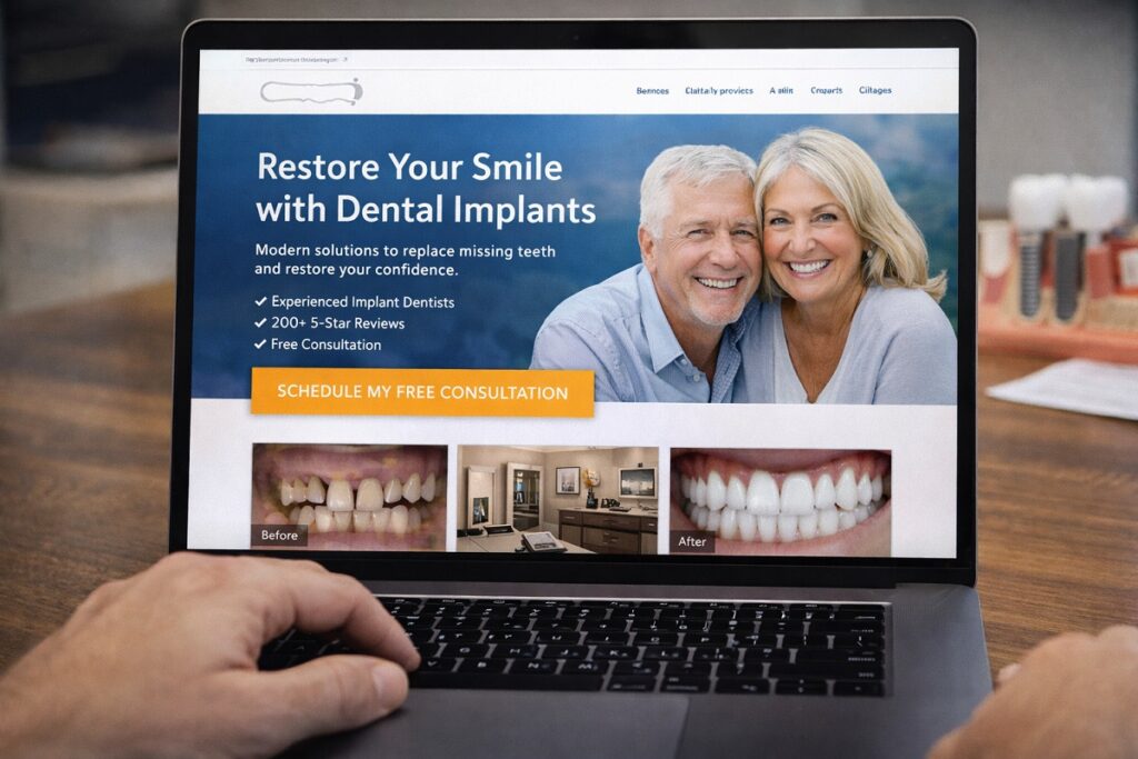 Dental implant landing page on laptop showing before and after cases and consultation call to action