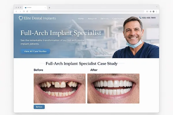 Full-arch dental implant case study showing before and after smile transformation on older male patient with missing and damaged teeth restored to a complete, healthy smile