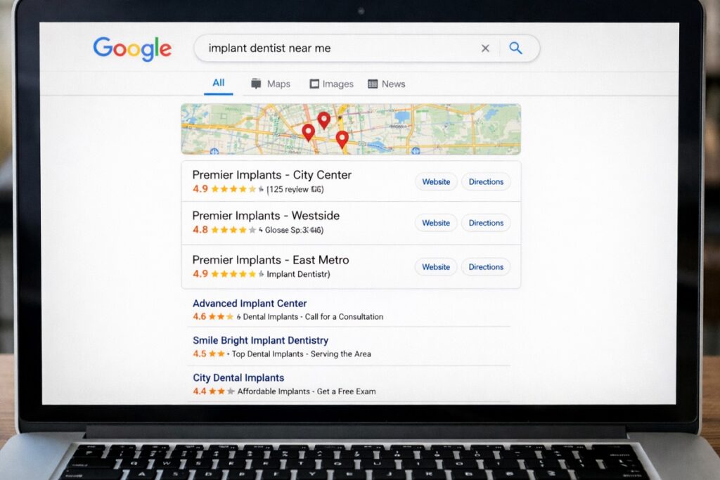 Google search results for implant dentist near me showing multiple locations in the local map pack with top-ranked dental implant practices and reviews