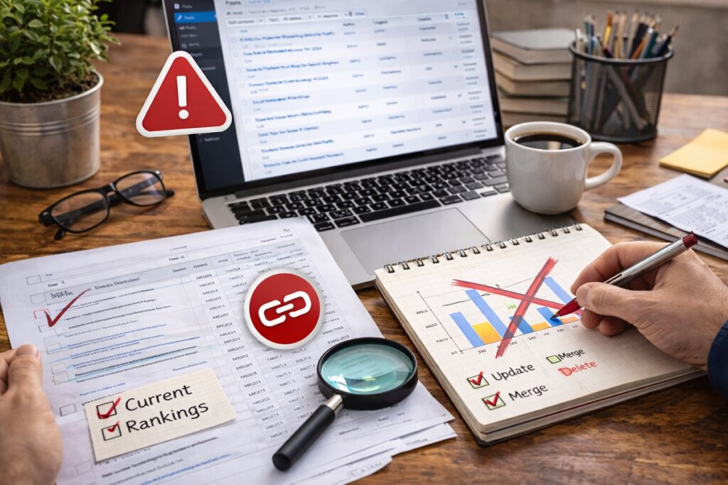 Blog content pruning mistakes shown with analytics reports, crossed out charts, and backlink warning during SEO audit
