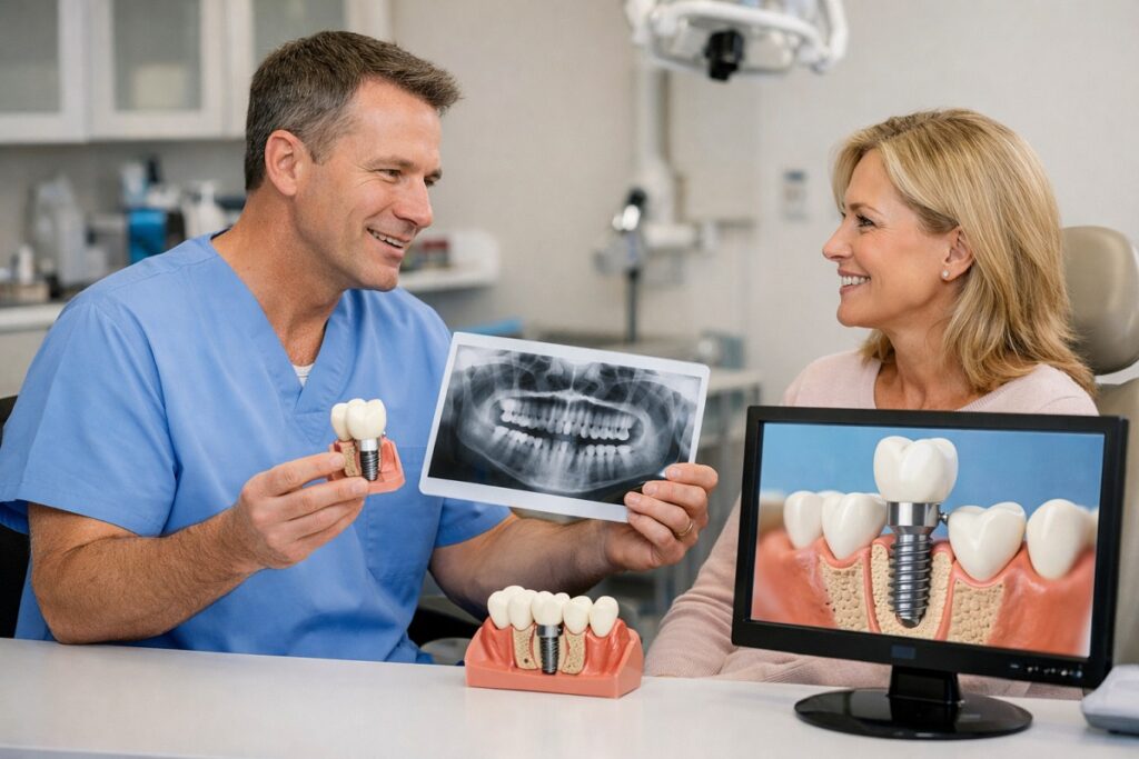 Dentist explaining dental implant treatment plan to patient using X-ray and tooth model in modern dental office