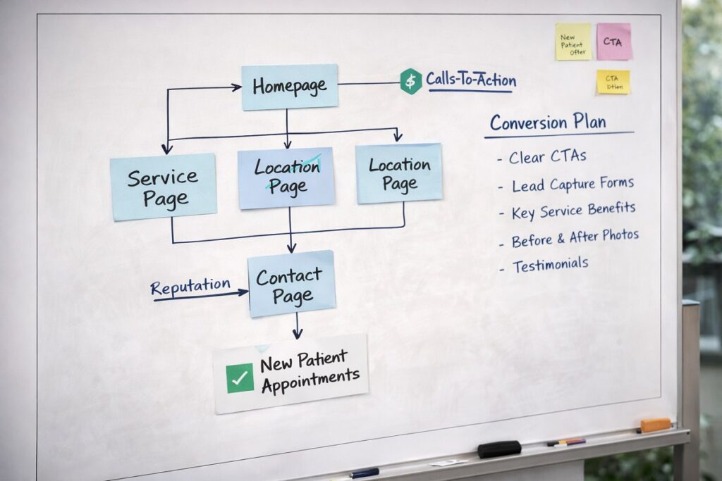 Dental implant website structure flowchart showing conversion focused page hierarchy and patient journey
