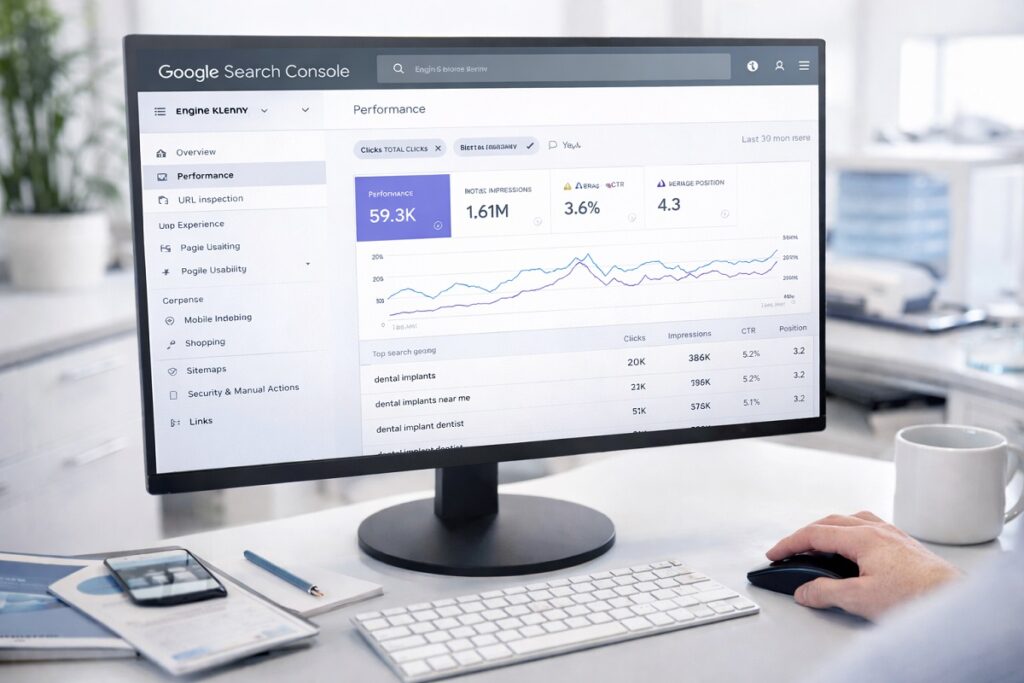 Google Search Console dashboard displaying SEO performance metrics, search impressions, clicks, and website growth analytics.