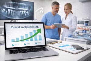 Dental implant practice marketing strategy showing growth analytics with dentist reviewing implant case in modern dental office