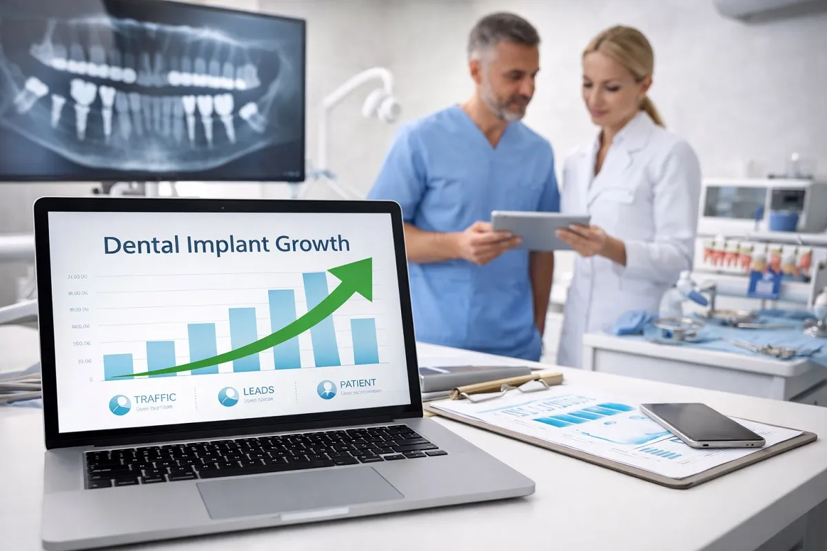 Dental implant practice marketing strategy showing growth analytics with dentist reviewing implant case in modern dental office