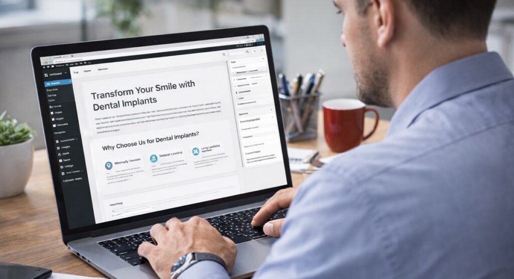 SEO specialist optimizing a dental implant website in WordPress on a laptop.