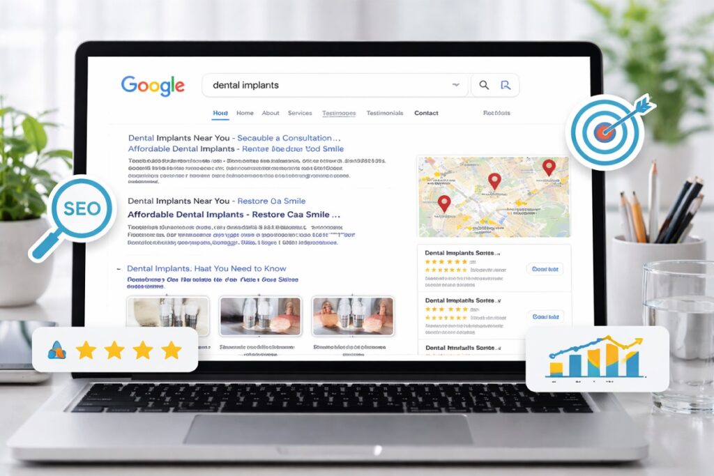 Laptop displaying dental implant search results and SEO analytics graphics on a modern workspace desk.