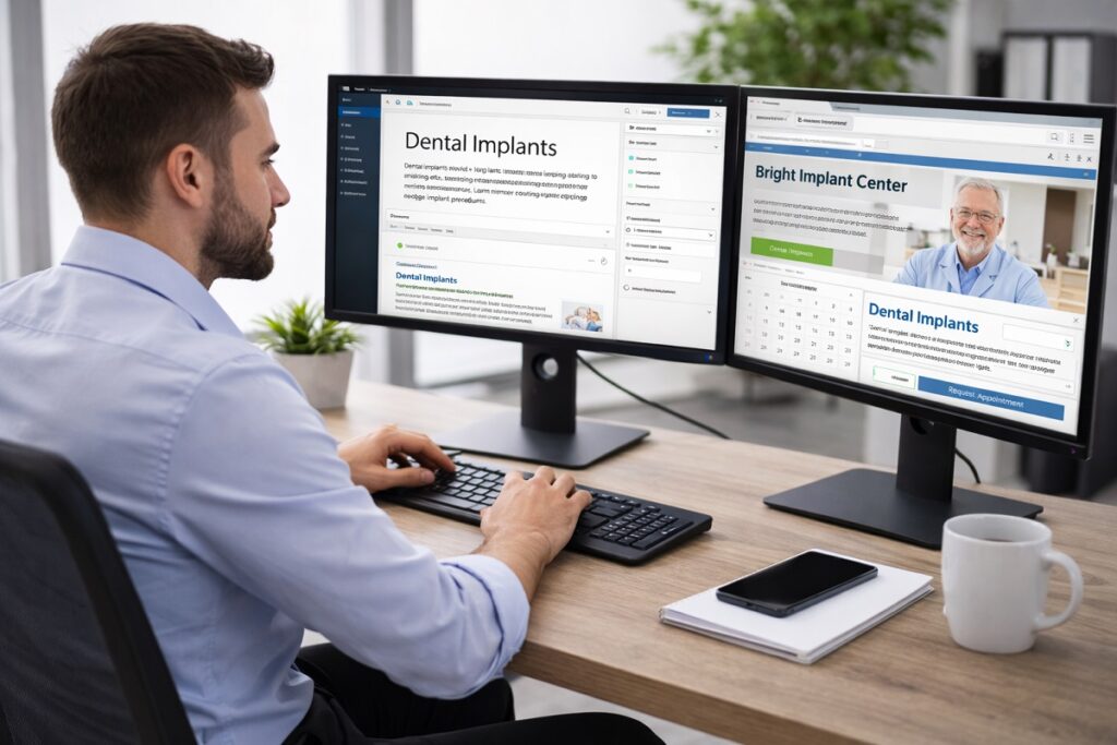 Web developer working on dental implant website with WordPress and SEO optimization on dual monitors in office