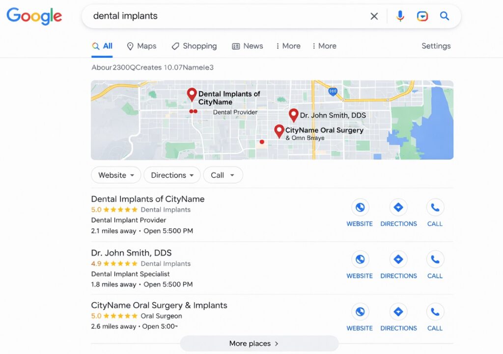Google search results for dental implants showing local providers, map listings, star ratings, and top-ranking dental implant websites