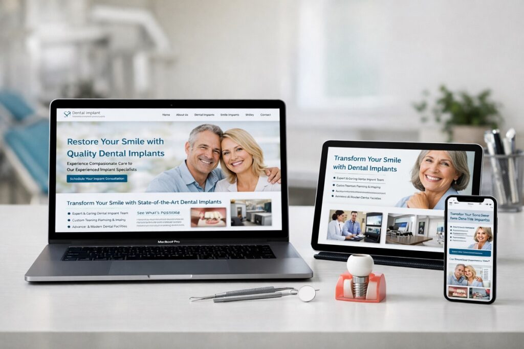 Modern dental implant website design displayed on laptop, tablet, and smartphone featuring clean navigation, patient-focused layout, and high-end dental branding