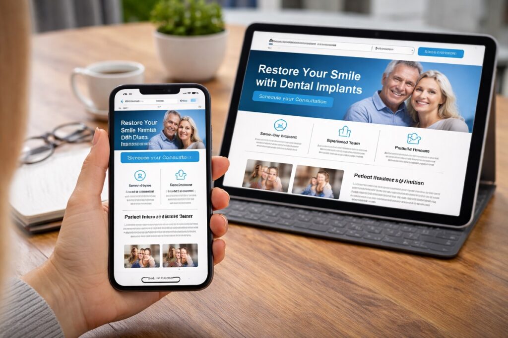 Mobile friendly dental implant website displayed on smartphone and tablet showing responsive design and user experience