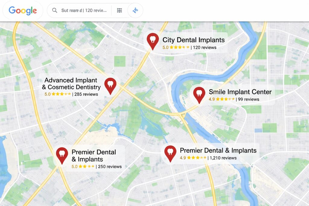 Google Maps dental implant search results showing multiple implant dentists with ratings and local listings