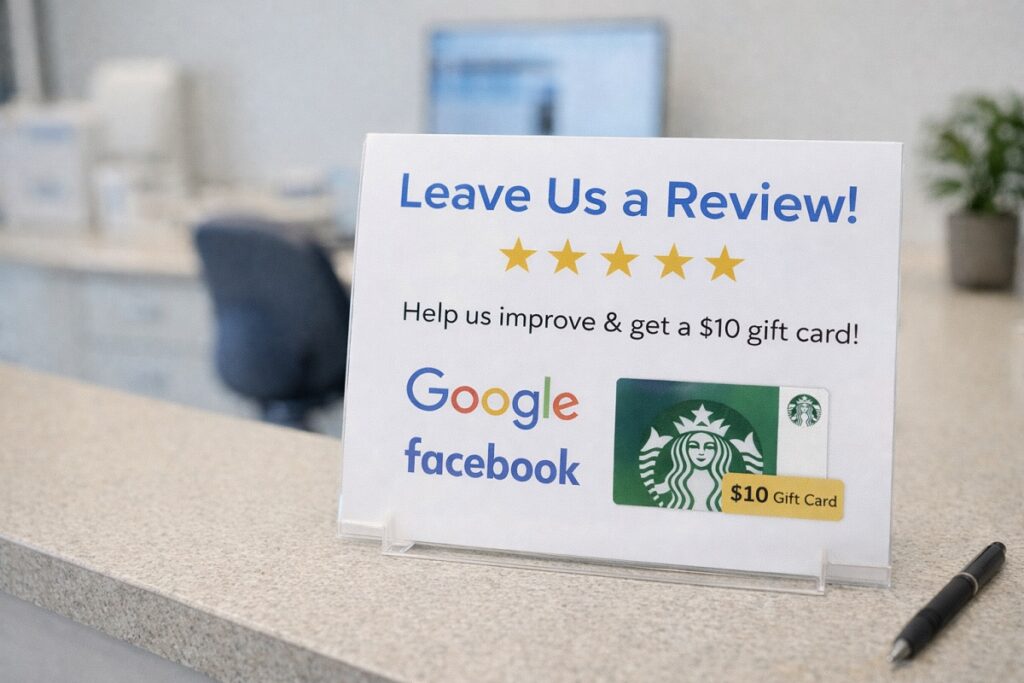 Dentist asking a satisfied patient to leave a review while showing a tablet in a dental office