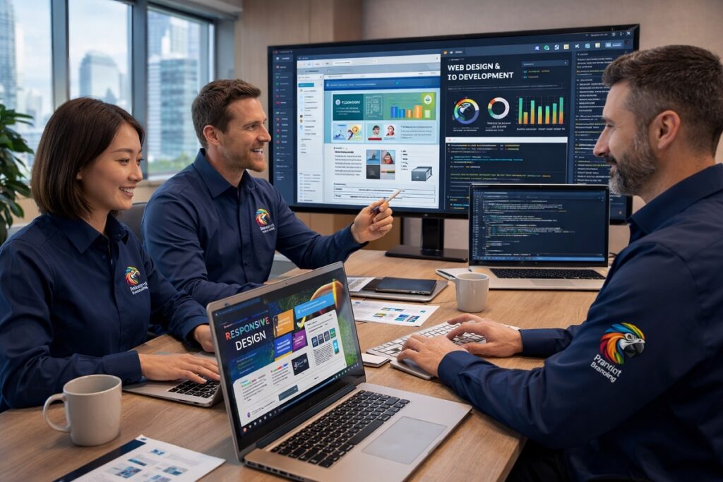 Parrot Branding team developing a website in office using WordPress, Google Search Console, and Google search results for SEO strategy