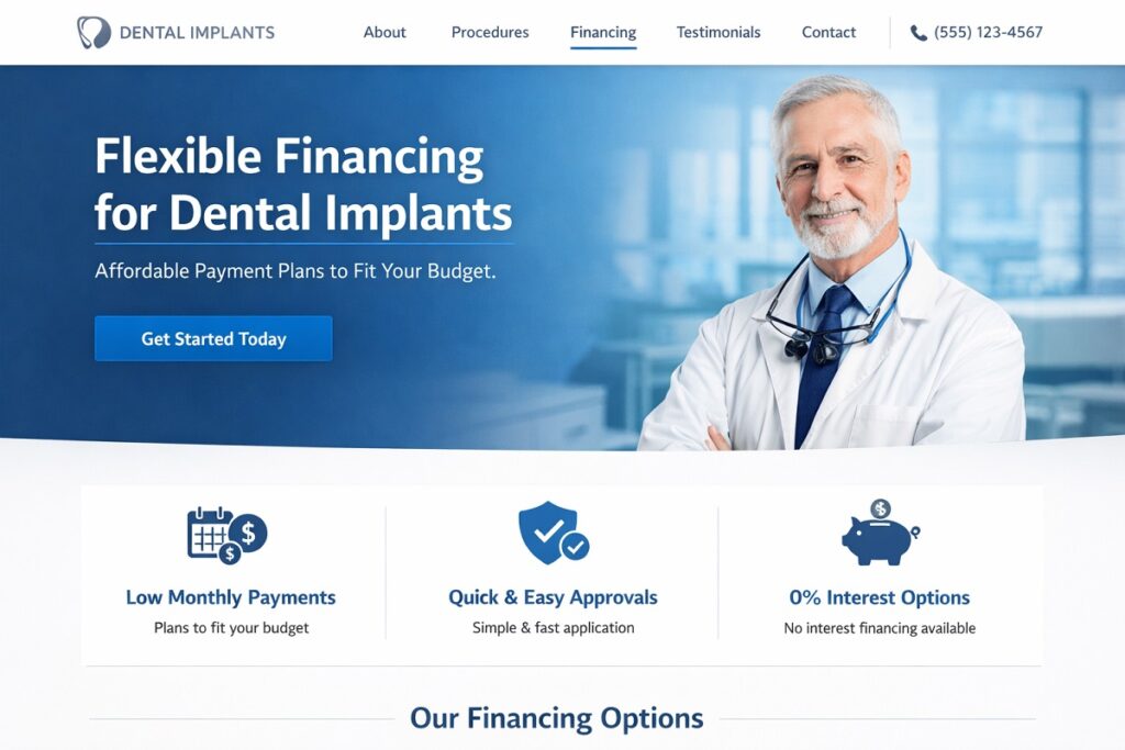 Dental implant financing page featuring experienced implant specialist, flexible payment options, and clean website layout for patient affordability