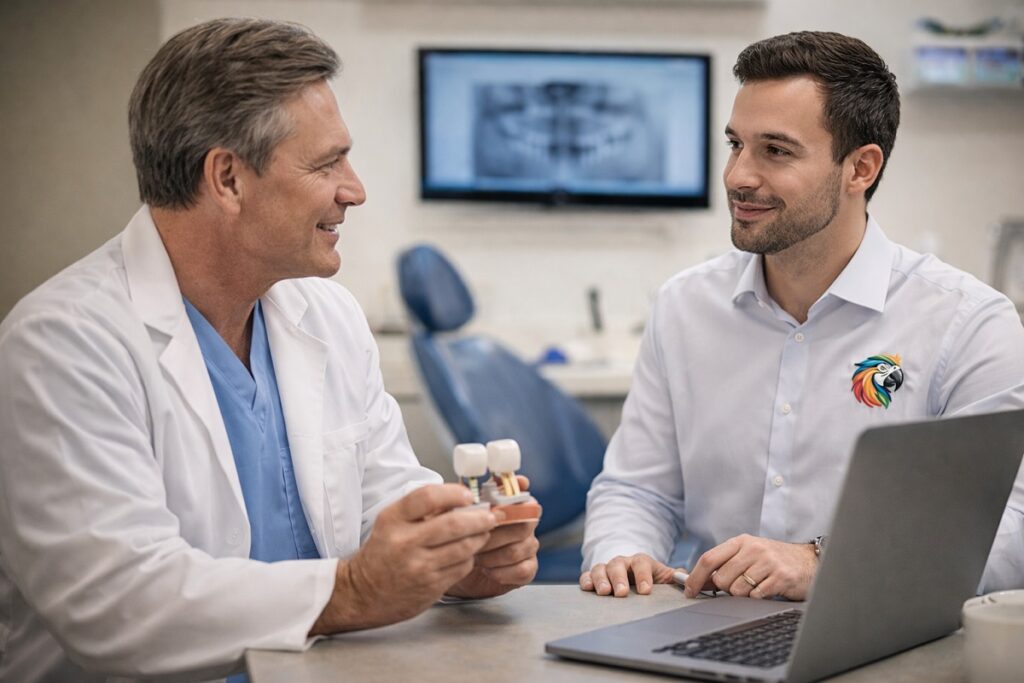 Dental implant doctor consulting with a Parrot Branding digital marketing strategist in a dental office discussing marketing strategy with a laptop and dental implant model